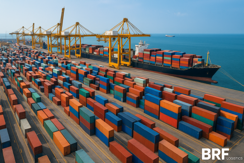 Global shipping containers representing trade policy and supply chain adjustment